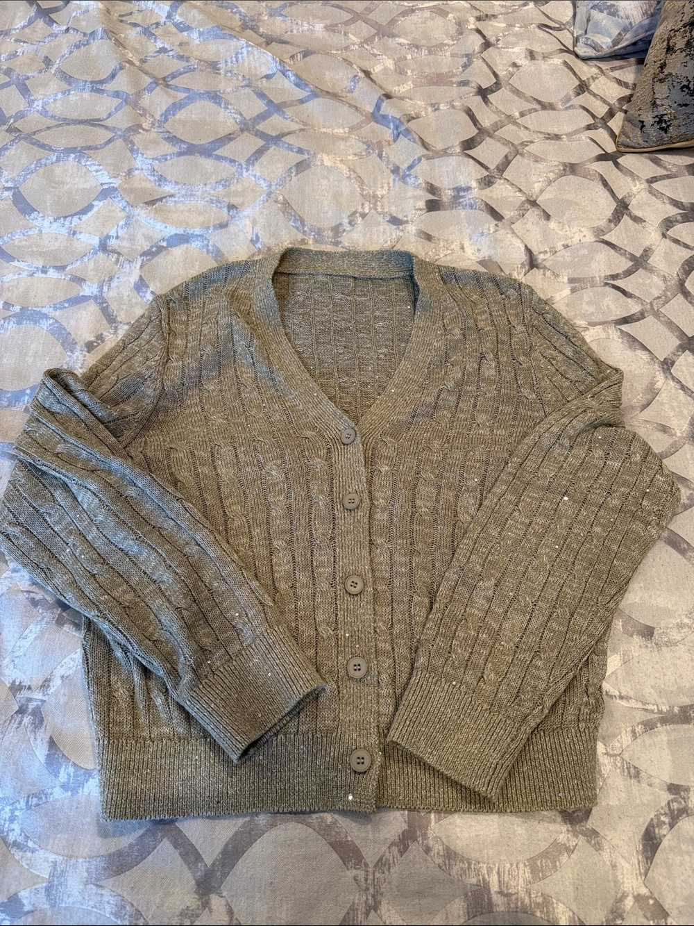 Olive Green Cable Knit Button-Front Cardigan Sweater with sequins